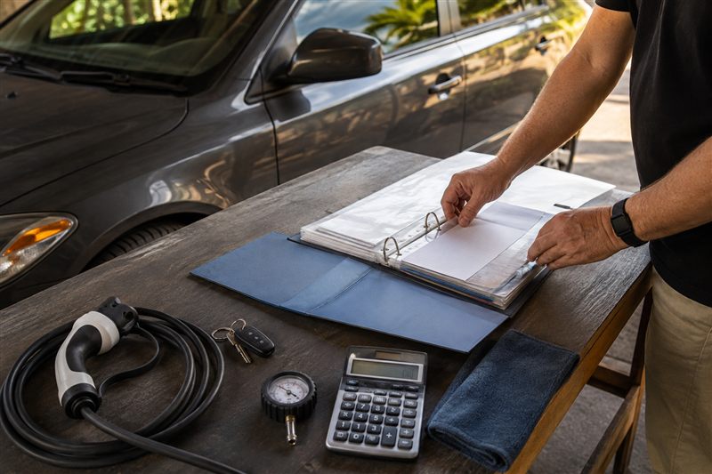 Vehicle ownership planning tools and documents on a workshop table